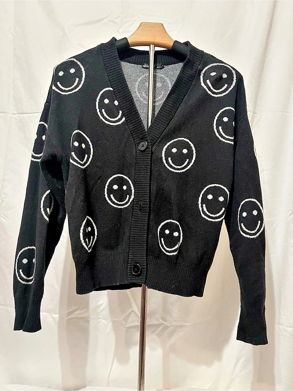 Nikka V Smiley Face Cardigan in Black & White Size Medium